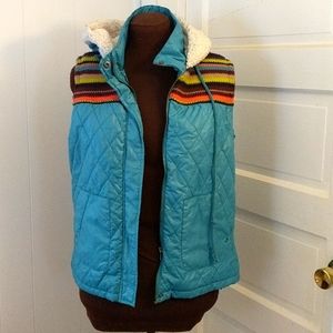 70's Inspired Blue Faux Shearling Hood Puffer Vest